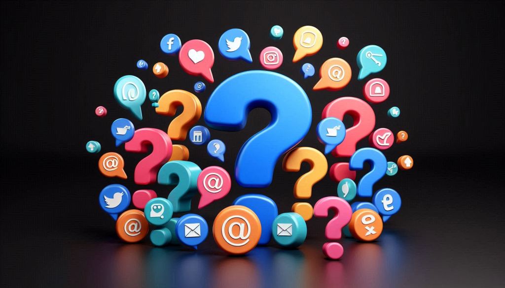 A group of 10 or more differently colored question marks are floating around a black background. Meant to show the FAQs for multi-channel marketing. The animated social media, email, and content icons are in a 3D illustrated animation style.