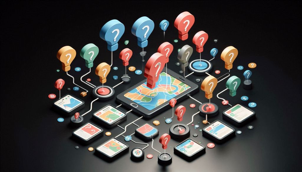 A group of 10 or more differently colored question marks are floating around a black background. Meant to show the FAQs for customer journey mapping. The animated maps are in a 3D illustrated animation style.