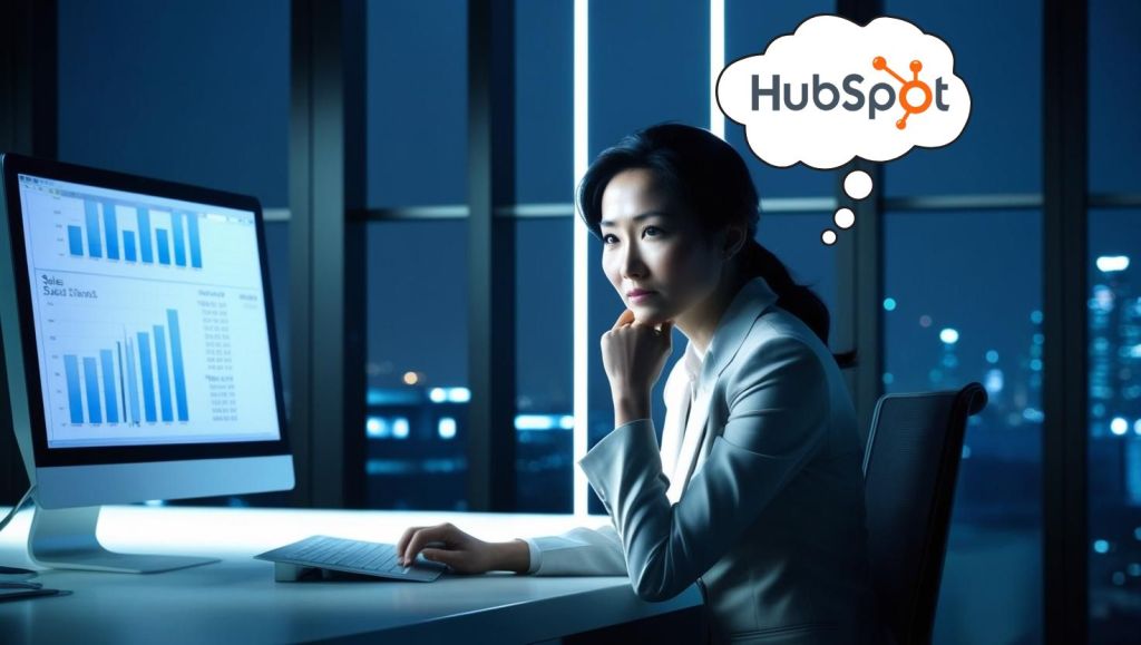 A professionally dressed woman deep in thought about Hubspot in a dimly lit, large modern business office full of windows. The image is nighttime and the lighting is coming from a monitor displaying cool-colored sales charts.