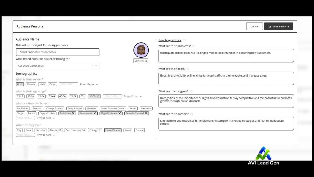 An image showing an ideal customer persona for AVI Lead Gen. A well-developed ICP can seriously streamline customer journey process