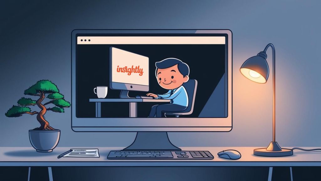 An adorable animated man is on a monitor with a computer which displays an Insightly logo, who is sitting at an office desk and is hard at work on his computer. On the desk is a half-full coffee cup, a lamp, and a small banzai tree. The image is dark with cool colors and is meant to show the role of CRM for small businesses.