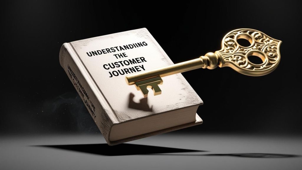 A book titled Understanding the Customer Journey is floating in black space. An elaborate key floats nearby edging closer to a lock found on the book. The environment suggests understanding the consumer's journey. The scene is depicted in a realistic style.