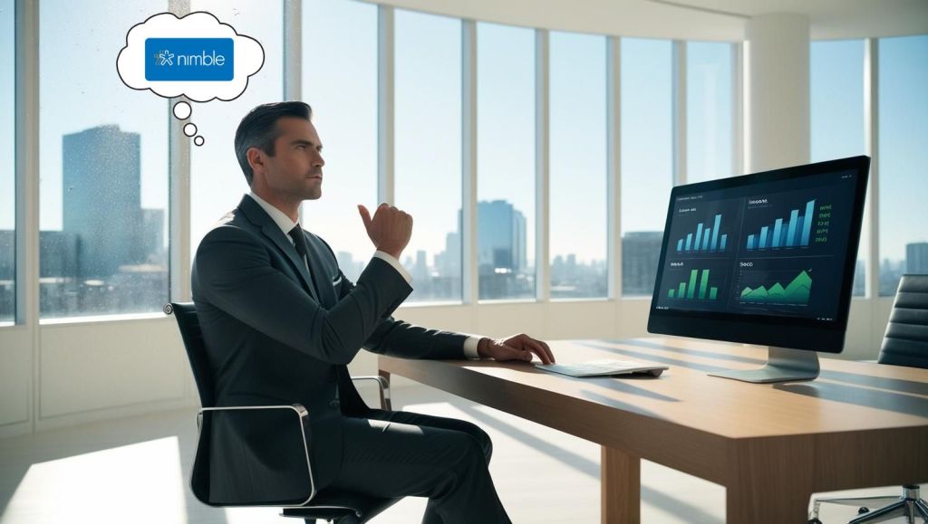 A professionally dressed man is deep in thought about Nimble in a large modern business office full of windows. On his desk, a monitor displays cool-colored sales charts.
