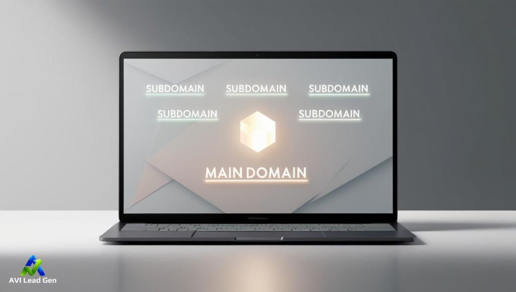 A laptop displaying domain and subdomain images.