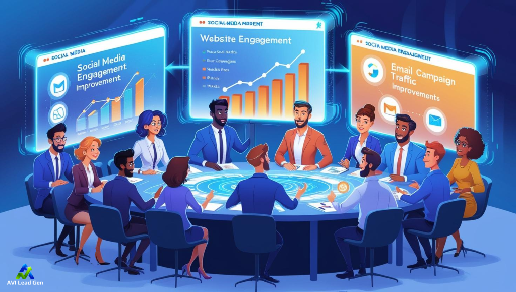 A diverse group of animated professionals are sitting around a circular glass table going over the results of enhancing multi-channel performance strategies.