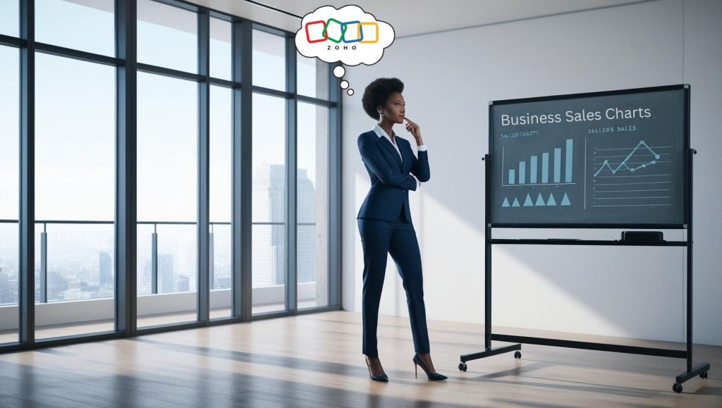 A professionally dressed African woman is deep in thought about Zoho in a large modern business office full of windows. He is standing near a dry-erase board displaying cool-colored sales charts.
