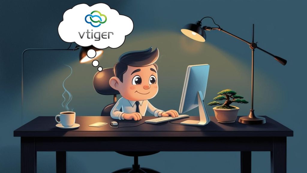 An adorable animated man, who is sitting at an office desk is hard at work on his computer, while thinking about vtiger. On the desk is a half-full coffee cup, a lamp, and a small banzai tree. The image is dark with cool colors and is meant to show the role of CRM for small businesses.