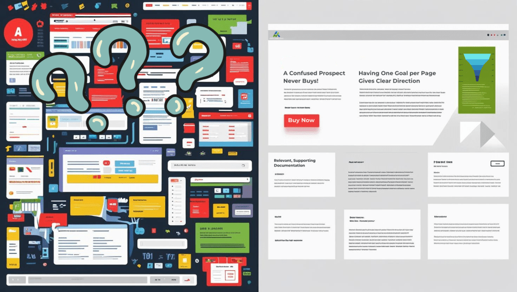 Split-screen: Left side shows a webpage with multiple fonts, popups, flashing elements, and red alerts. Right side shows a minimal, clean layout with whitespace, clear headings, and a green CTA button front and center offering better website conversion rates.