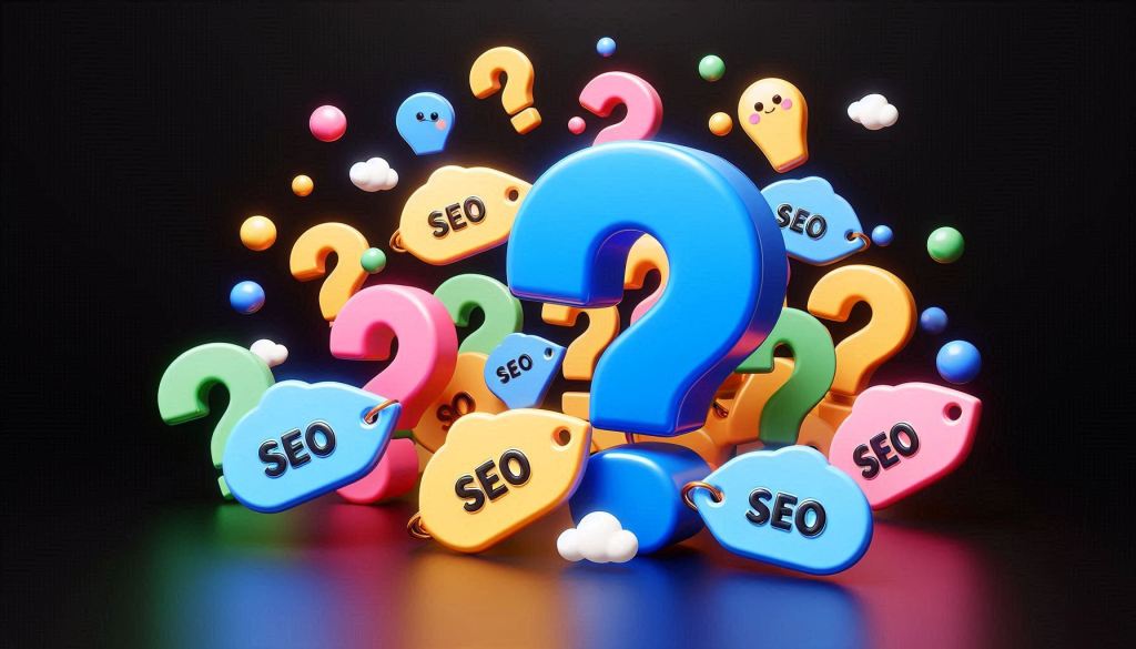 A group of 10 or more differently colored question marks are floating around a black background. Meant to show the FAQs for on-page SEO web design. With the question marks are adorable tags with "SEO" on them are in a 3D illustrated animation style.