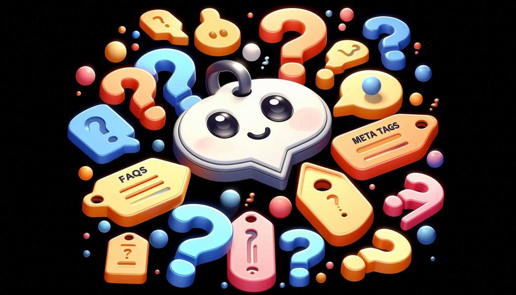 A group of 10 or more differently colored question marks are floating around a black background. Meant to show the FAQs for META Tags. The adorable META Tags are in a 3D illustrated animation style.