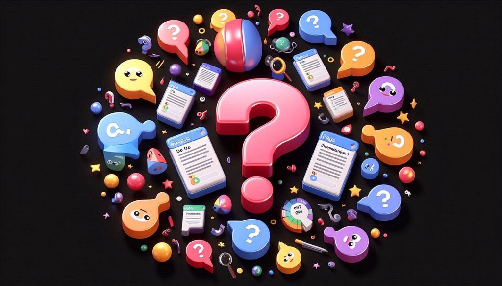 A group of 10 or more differently colored question marks are floating around a black background. Meant to show the FAQs for Schema Markup. The adorable Schema Markups are in a 3D illustrated animation style.