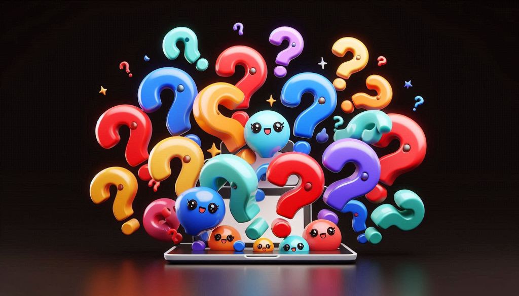 A group of 10 or more differently colored question marks are floating around a black background. Meant to show the FAQs for website conversions. The adorable website conversions are in a 3D illustrated animation style.