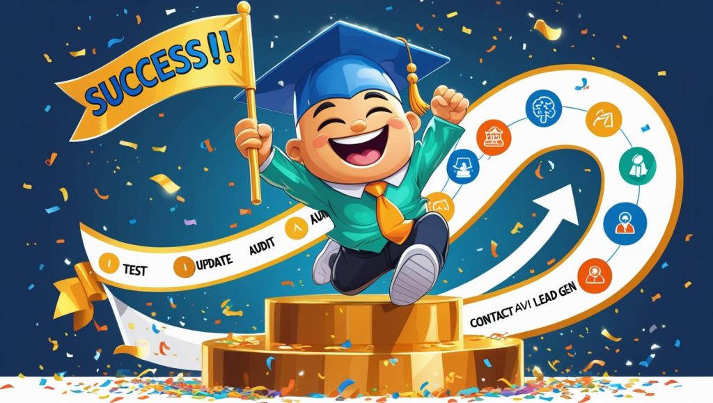 A jubilant, cartoon-style Schema mascot, wearing a blue and green graduation cap, leaps onto a gold podium, triumphantly holding aloft a flag that reads "Success!" in bold, celebratory lettering. Confetti in the brand's signature colors rains down around the