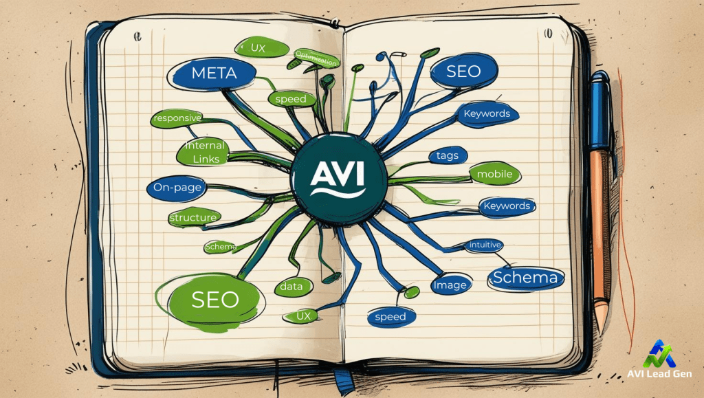 A sketchbook-style illustration of a notebook page featuring a mind map outlining an on page SEO strategy. Keywords branch out from a central node in vibrant, interconnected lines of AVI green and deep blue. The AVI logo is subtly incorporated into the design. The overall aesthetic is reminiscent of a hand-drawn sketch, with slightly irregular lines and a textured paper background. The color palette is limited to the AVI green, deep blue, and muted browns and creams of the paper.