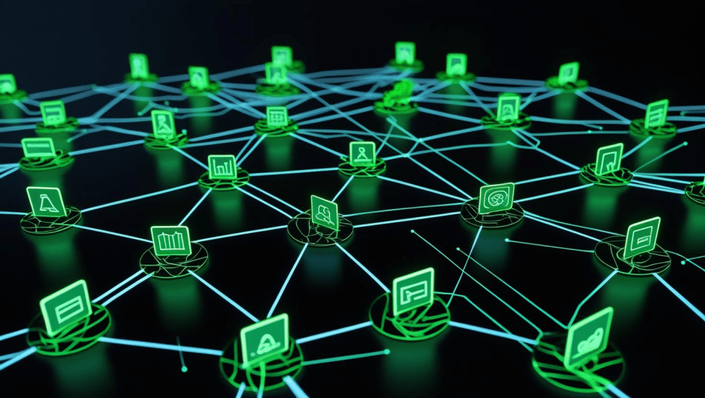 An abstract web of glowing nodes and connecting lines on a dark background. Some nodes are tagged with schema icons (e.g., a book for Article, chat bubble for FAQ). A semi-transparent AI silhouette hovers over, absorbing the network. Use cool blue glows for the connections and neon green for the schema nodes, with subtle black gradients framing the scene.