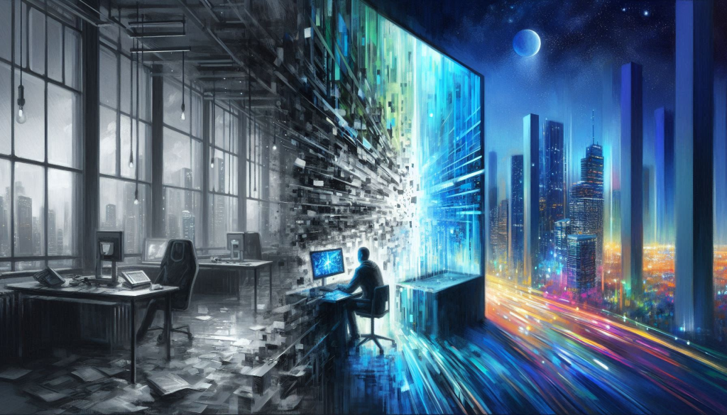 A surreal concept painting of a futuristic office merging into a cityscape at night. The left portion is painted in desaturated grays and neon green (#4FA201) streaks: a despondent figure stares at a shattered computer screen with static. The right portion bursts in vibrancy with electric blue (#0561E1) and soft pastels: a euphoric figure gazes at a transparent holographic display of a perfect website. The style is painterly and expressive, with distorted architectural elements and dramatic light flares. Brand colors subtly appear in abstract reflections and UI symbols, emphasizing the stark emotional journey from frustration to delight.