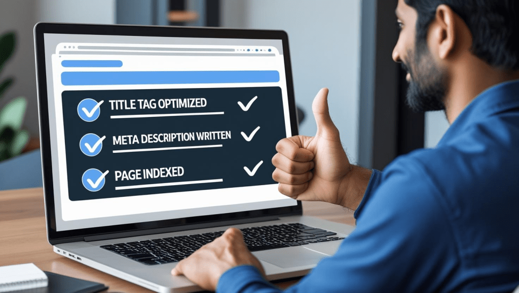 A Caucasian male website designer, smiling and giving a thumbs-up, shown on a laptop screen to an Indian male client. The checklist on the screen displays completed items: "Title tag optimized," "Meta description written," "Page indexed," all marked with checkmarks. The scene is depicted in a branded color theme of blue, white, and dark gray, with a clean, modern aesthetic. The image is sharply focused, and the lighting is bright and even.