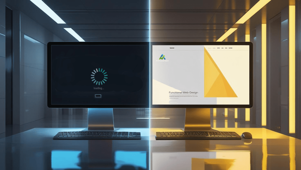 a futuristic office at night. The image is split, with each side showing a monitor on a desk. On one monitor, a browser can be seen with a loading screen perpetually stuck, causing frustration. The other side shows a clean website displayed in the browser with a minimalistic architecture, causing euphoria.