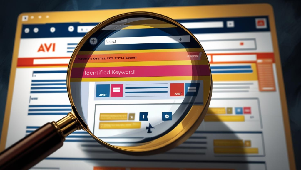 A detailed close-up shot of a magnifying glass positioned over a webpage, sharply revealing highlighted title tags and internal links rendered in vibrant AVI colors against a dark, subtly vignetted background. The AVI logo is subtly visible in the corner. The overall style is realistic, with a focus on the texture of the webpage and the glass lens, creating a sense of depth and detail. The color palette is dominated by the AVI colors, contrasting against the dark background.