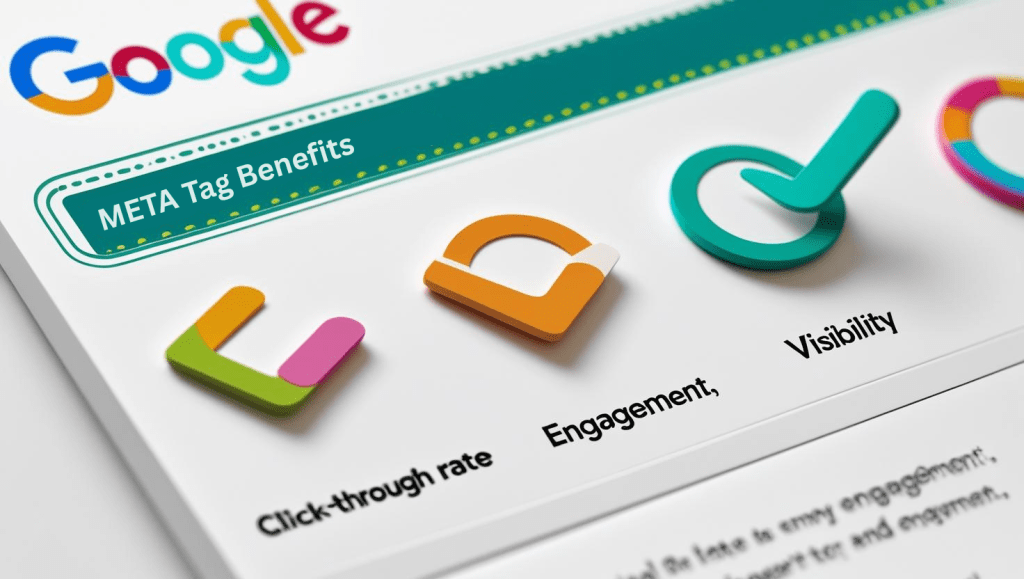 A detailed close-up mockup of Google search results, focusing on a single result's description section. The description is highlighted with a vibrant, teal dotted outline. Three colorful, stylized checkmarks, resembling playful icons, are positioned near the description; each checkmark represents "click-through rate," "engagement," and "visibility" respectively, with the associated text clearly visible below each icon. The overall color palette is bright and modern, with a clean, professional aesthetic. The image is rendered in a photorealistic style, emphasizing the sharpness and clarity of the Google search interface details.
