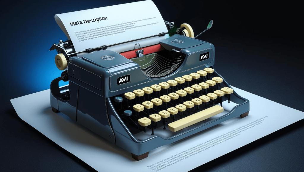 A vintage, metallic grey typewriter with ivory keys, typing a modern meta description on a sheet of crisp white paper. A vibrant green cursor blinks rhythmically. The scene is set against a deep black background subtly illuminated by a cool blue backlight emanating from behind the typewriter. The AVI logo is subtly displayed in the lower right corner. The image should be rendered in a photorealistic style with sharp details and a focus on the contrast between the old technology and the modern text.