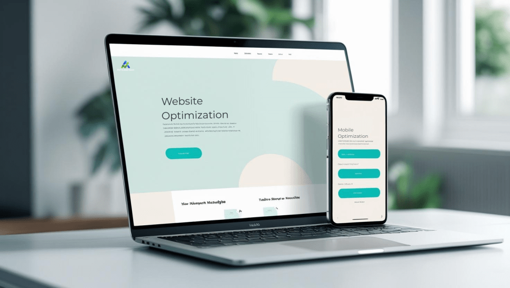 A sleek, silver laptop and a modern smartphone displaying a clean, minimalist website homepage. The website features simple, intuitive navigation with clearly labeled buttons, a prominent call-to-action in a vibrant teal, and a calming, neutral color palette of whites, grays, and soft blues. The overall aesthetic is modern, professional, and user-friendly, with a focus on readability and ease of use. The image is sharply focused, brightly lit, and features a shallow depth of field, emphasizing the screens.