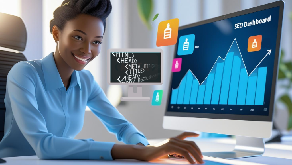 A vibrant, modern office scene bathed in soft, natural light, featuring a person with a warm smile sitting at a sleek, minimalist desk analyzing an SEO dashboard. The dashboard displays a sharply rising graph in bold blue, with vibrant, colorful tag icons (title, description, robots) floating subtly around it. The overall aesthetic is energetic and optimistic, representing business success. The image is rendered in a photorealistic style, with a focus on the question, what are META tags.