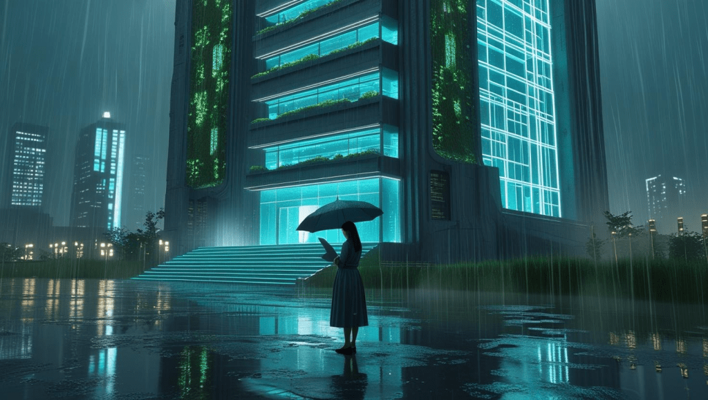 An enormous, cathedral-like library with angular geometry and softly glowing lanterns in ice-blue, set against a backdrop of towering skyscrapers shrouded in mist and rain. Water drips from metallic eaves onto a plaza where readers gather around a luminescent globe of light—capturing a sense of collective insight.