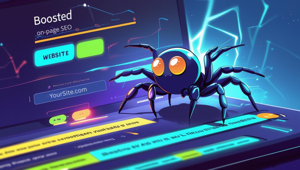 A stylized illustration of a friendly, cartoonish SEO spider crawling on a website's vibrant homepage. The website features clearly labeled UX components, such as bright, neon-green CTA buttons and a clean, intuitive layout, all highlighted with a glowing, electric-blue "boosted" effect. Electric AVI neon lights pulse with a soft, rhythmic glow along the website's hyperlinks, creating a visually dynamic and engaging scene. The overall style is a blend of playful cartoon and sleek digital design.