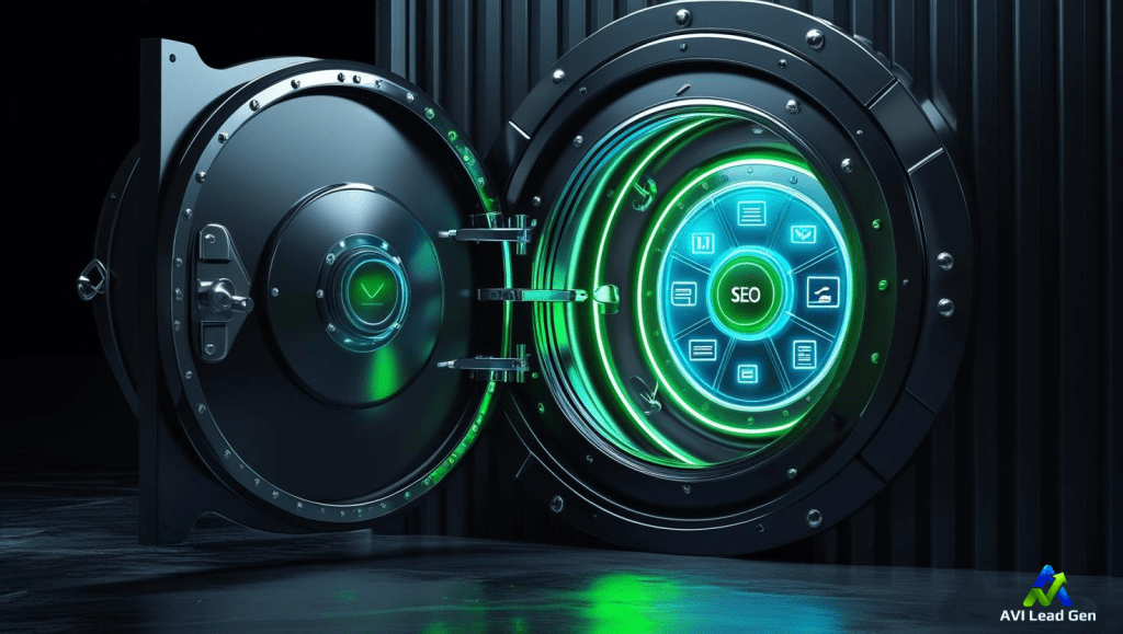 A sleek, obsidian black vault door, cracked open at a dramatic angle, revealing a vibrant interior bathed in high-contrast lighting. Glowing blue and green SEO icons—H1, alt text, and links—float within, radiating an ethereal light. The icons are sharply detailed, showcasing a polished, futuristic aesthetic. A subtle, unassuming AVI logo is positioned in the bottom-right corner.
