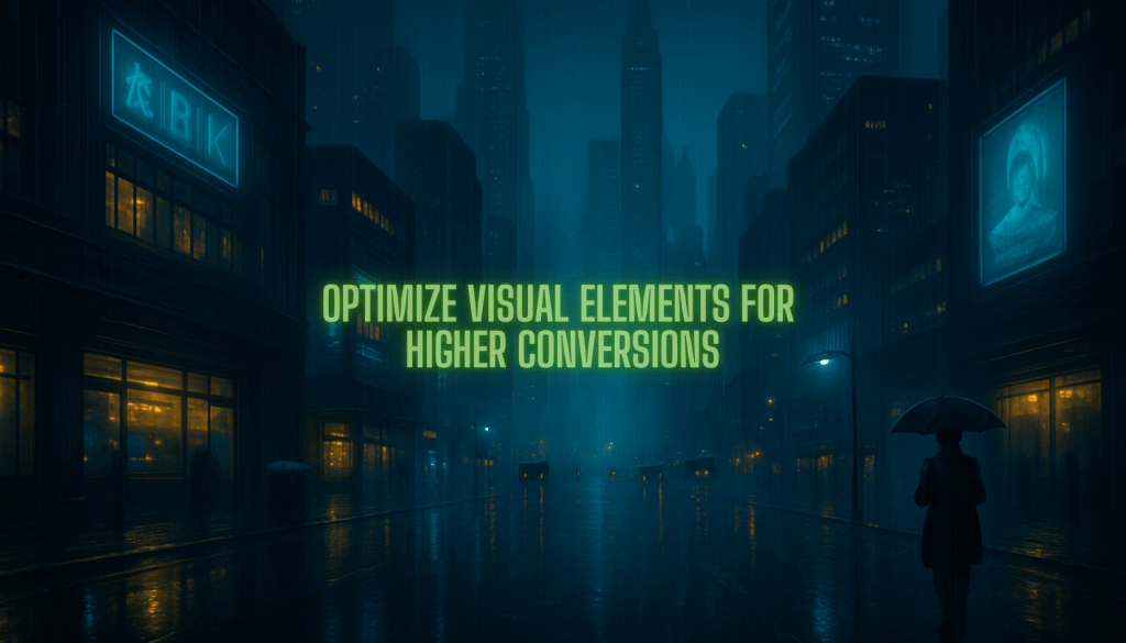 A futuristic city night scene in the rain and in high detail. The image has the words Optimize Visual Elements for Higher Conversions in glowing light green color. This is another tactic to gaining better website conversion rates.