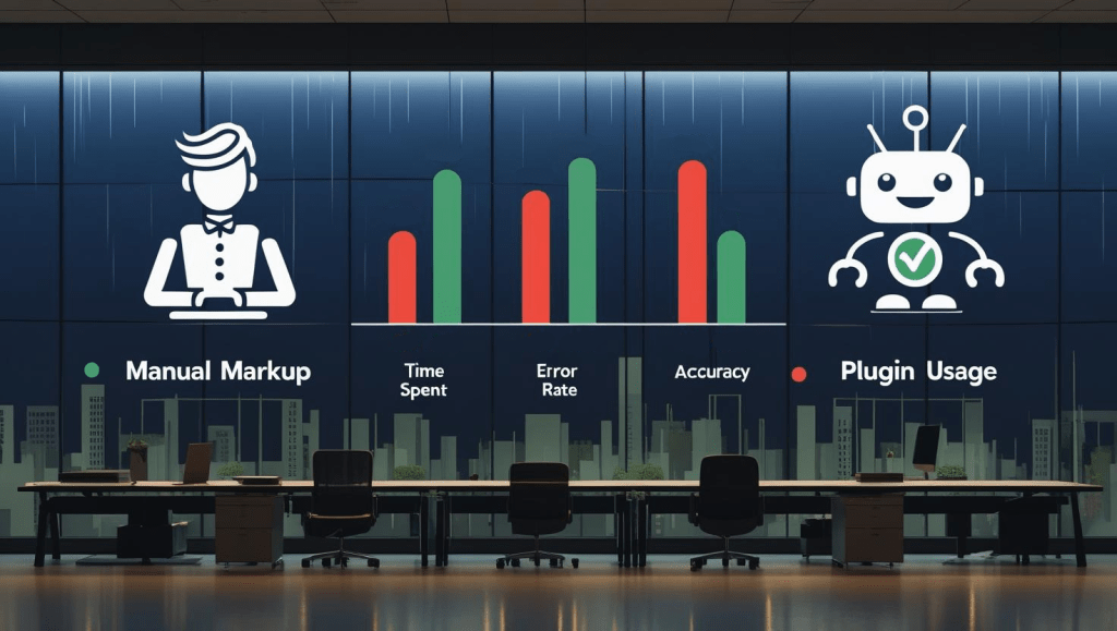 A dark-themed infographic, displayed on a large office wall, features a minimalist design with a cohesive blue color palette. The left side showcases a stylized icon of a person with a laptop and curly braces, representing manual markup, accompanied by vertical bar graphs in red illustrating "Time Spent" and "Error Rate." The right side displays friendly, cartoonish icons of the Yoast mascot and Rank Math robot, representing plugin usage, with accompanying green vertical bar graphs indicating "Efficiency" and "Accuracy." The lower portion of the infographic subtly integrates imagery of office desks and rain-streaked windows, further unifying the design. The overall style is clean, modern, and easily legible, using a sans-serif font. The infographic is presented in a widescreen horizontal format.
