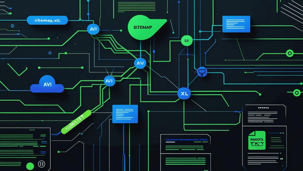 Abstract blueprint visualization, reminiscent of a network diagram, featuring key website elements such as sitemap.xml, page speed optimization indicators, and robots.txt file. These elements are interconnected by vibrant data lines rendered in AVI green and deep blue, set against a stark black technical background. The style should be clean and geometric, with a focus on the flow of data between the elements. The overall aesthetic should be sharp and high-contrast.