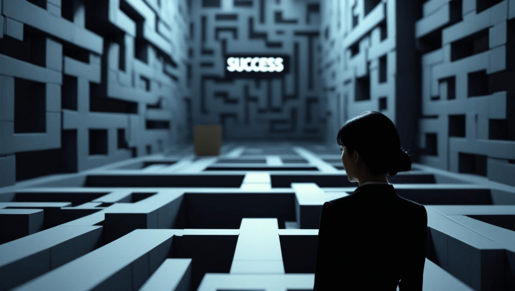 The scene depicts a lone business professional, gender-neutral and perhaps a silhouette or blurred face to represent any business owner, standing at a crossroads within a vast, dimly lit, labyrinthine maze. The walls of the maze are tall, grey, and indistinguishable, creating an overwhelming sense of complexity and confinement. Multiple paths diverge, yet none are clearly marked. Signs are either blank, illegible, or point in contradictory directions, fostering a pervasive sense of stagnation and frustration. The color palette is dominated by deep black (#000000) for shadows and maze depth, with muted, desaturated tones of grey and perhaps a faded, almost imperceptible blue (#0561E1) in the distance, indicating a lack of vibrancy or clear direction. A subtle, unreachable light or a blurry, distant sign labeled "Conversion" or "Success" might be visible but inaccessible, emphasizing the missed opportunities. The suggested composition is an over-the-shoulder shot of the professional, emphasizing their bewildered posture and the overwhelming scale of the maze stretching into the distance, with a focus on their sense of being lost.