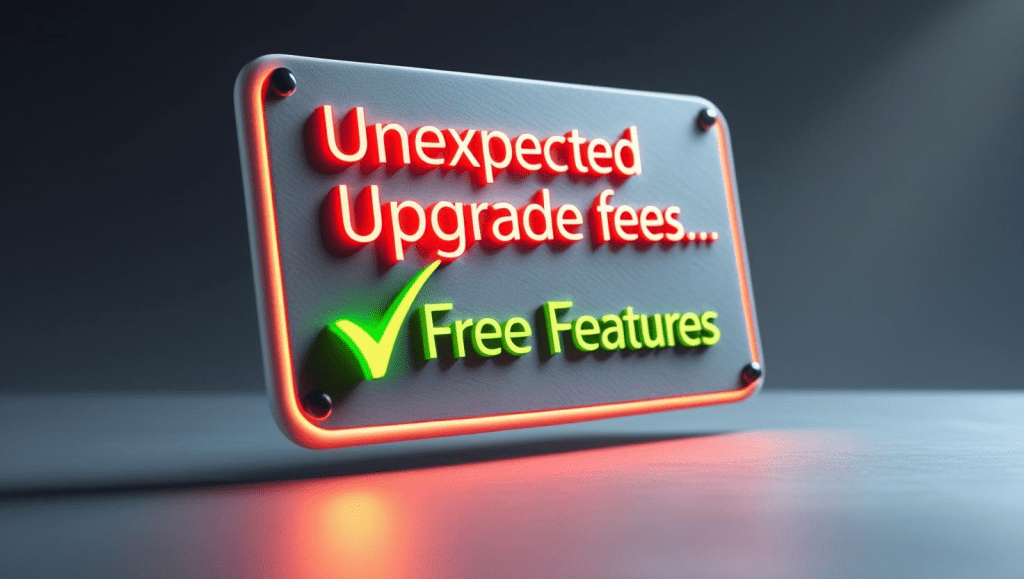 A sign displaying the text 'Unexpected Upgrade fees...' in red and 'Free Features' with a green checkmark, emphasizing the contrast between costs and benefits.