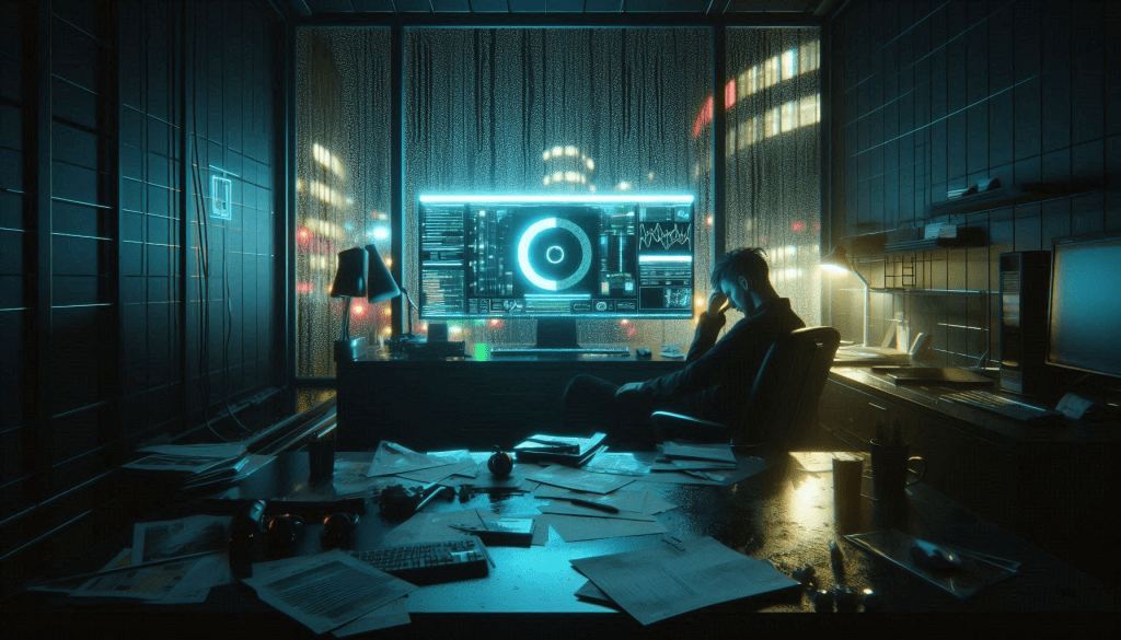 A cinematic, photo-realistic scene of a dark futuristic office at night seen through a rain-spattered window. A monitor is stuck on a spinning loading icon and glitching interface; papers are strewn on the desk. Moody reflections on polished floors and realistic city lights outside emphasize how converting website visitors causes an emotional divide – frustration versus calm euphoria.