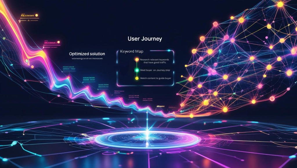 Holographic diagram of a user journey, depicted as a vibrant, flowing line graph with key milestones highlighted, positioned alongside a keyword map visualized as a dynamic network of interconnected nodes and edges. Both diagrams, rendered in a high-resolution, AVI-style color trail, converge at the center into a single, glowing blueprint representing an optimized design solution. The overall aesthetic is sleek, futuristic, and technologically advanced, emphasizing clarity and visual impact.