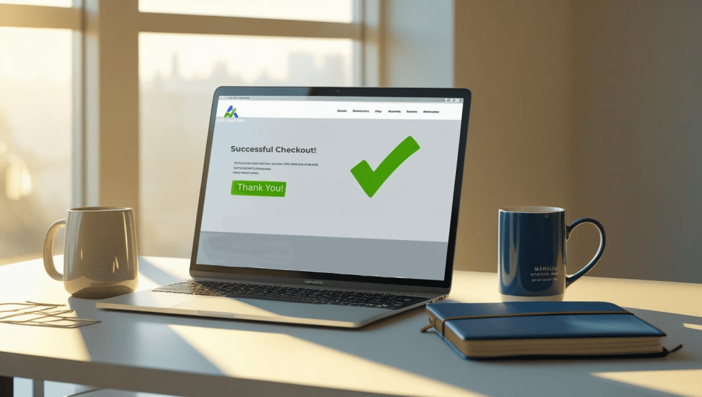 Photorealistic shot of a modern office desk: a laptop shows a website checkout page with a success checkmark. Nearby, a coffee mug and notebook have accents in brand green (#4FA201) and blue (#0561E1). Sunlight filters in, symbolizing achievement and growth.