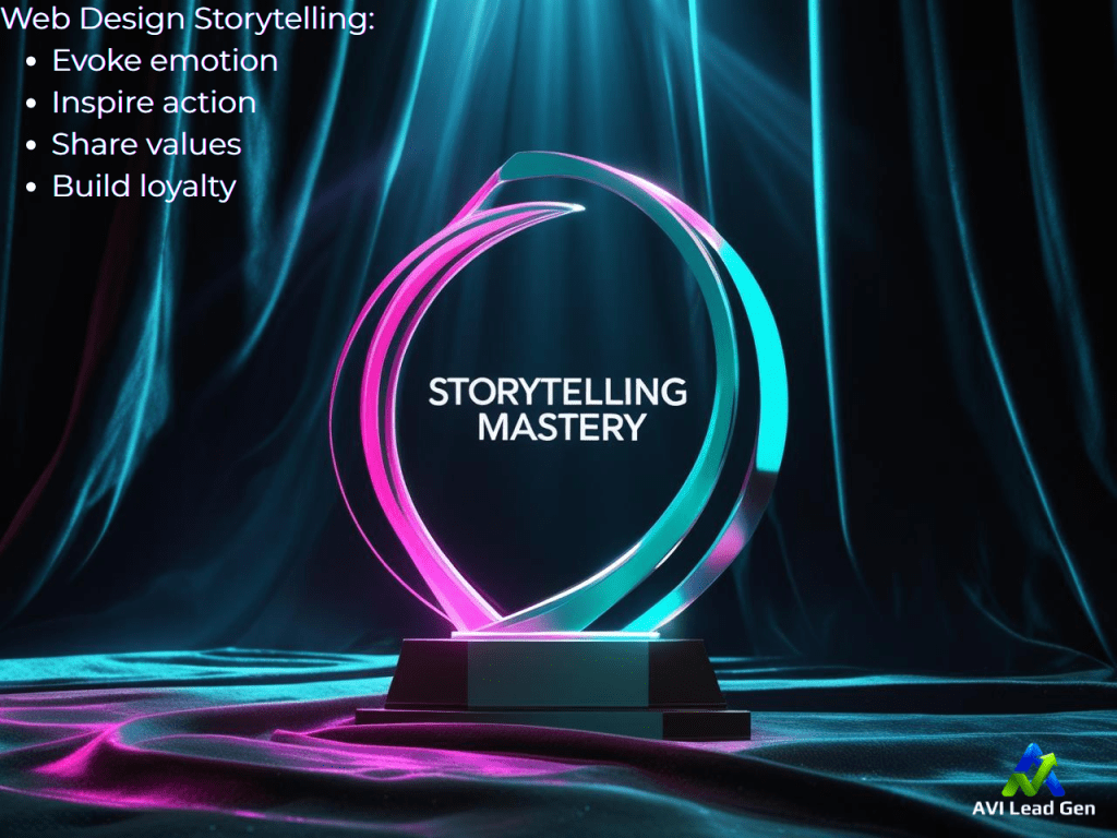 A digital rendering of a modern, minimalist trophy engraved with "Storytelling Mastery," gleaming against a deep black velvet backdrop. The engraving is accentuated by neon pink and teal highlights, creating a vibrant glow. The trophy has clean lines and a polished metallic finish. Dramatic lighting emphasizes the trophy, which is positioned centrally within a 4:3 aspect ratio composition. The overall aesthetic is one of celebratory achievement and inspiration for continued progress.