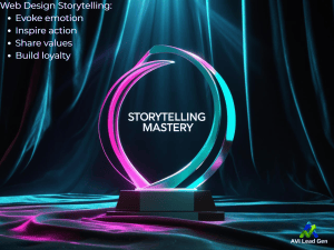 A digital rendering of a modern, minimalist trophy engraved with "Storytelling Mastery," gleaming against a deep black velvet backdrop. The engraving is accentuated by neon pink and teal highlights, creating a vibrant glow. The trophy has clean lines and a polished metallic finish. Dramatic lighting emphasizes the trophy, which is positioned centrally within a 4:3 aspect ratio composition. The overall aesthetic is one of celebratory achievement and inspiration for continued progress.