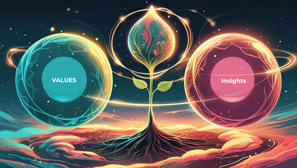 Imagine three glowing orbs—‘Insight’, ‘Values’, orbiting around a central brand seed, connected by filaments of light; the orbs pulse sequentially to represent narrative cohesion.