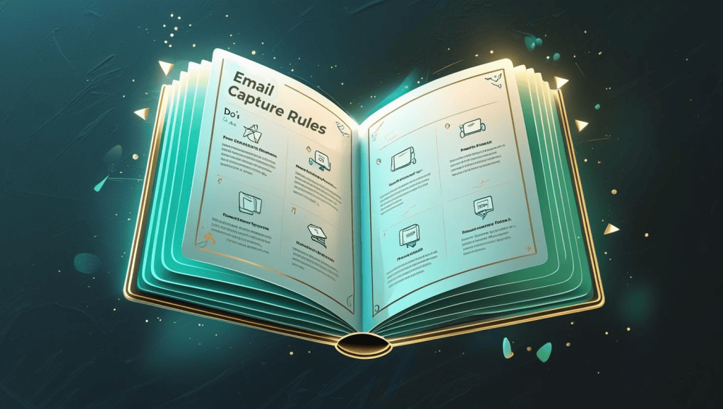 A stylized, open book titled "Email Capture Rules" floats in mid-air, its pages glowing with a soft, ethereal light. The spread displays a minimalist illustration of dos and don'ts for email capture, using small, elegant icons to represent popups, form layout best practices, and effective call-to-action language. The style is clean and modern, rendered in a palette of cool blues and greens, with accents of warm gold highlighting key elements. The book is depicted against a dark, subtly textured background, emphasizing the luminescence of the pages.