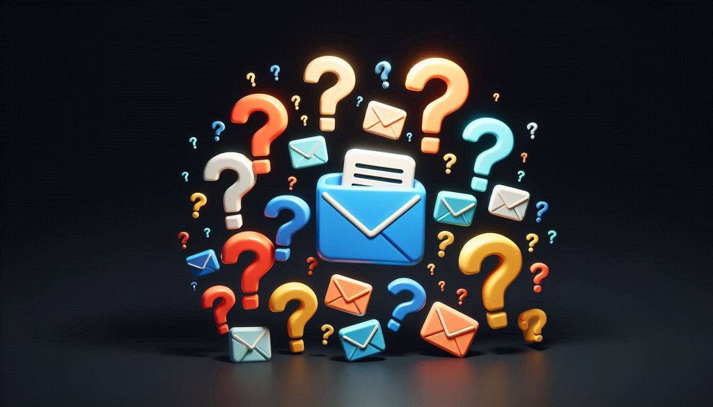 A group of 10 or more differently colored question marks are floating around a black background. Meant to show the FAQs for email list growth tips. With the question marks are adorable subscriber forms in a 3D illustrated animation style.