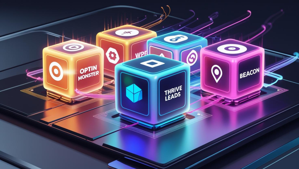 A grid of glowing, rotating cubic icons representing OptinMonster, WPForms, Thrive Leads, Beacon, and PopupAlly, positioned above a sleek, dark digital dashboard. Each cube should exhibit a vibrant, distinct color associated with its respective plugin's branding. The animation should depict shimmering, translucent plug-and-play trails emanating from each cube as they subtly rotate, suggesting a dynamic, interconnected system. The overall aesthetic should be clean, modern, and technologically advanced, with a focus on smooth transitions and vibrant color gradients.