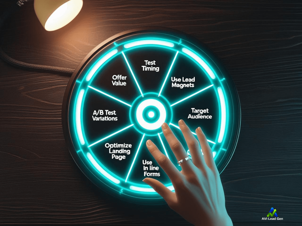 A glowing, neon-blue decision wheel, subtly illuminated by the warm light of a desk lamp, hovering above a dark oak wood workspace. The wheel is divided into eight segments, each labeled with crisp, white sans-serif font: ‘Offer Value’, ‘Test Timing’, ‘Use Lead Magnets’, ‘A/B Test Variations’, ‘Target Audience’, ‘Optimize Landing Page’, ‘Use Popups’, and ‘Use Inline Forms’. The ‘Use Popups’ and ‘Use Inline Forms’ segments glow brighter, emitting a vibrant, pulsating turquoise light. A fair-skinned hand, adorned with a simple silver band, gently reaches towards the wheel, fingers poised to select a segment. The scene is rendered in a clean, minimalist, slightly futuristic style, with sharp lines and high contrast between the bright wheel and the dark wood. The background is a soft, dark gray.