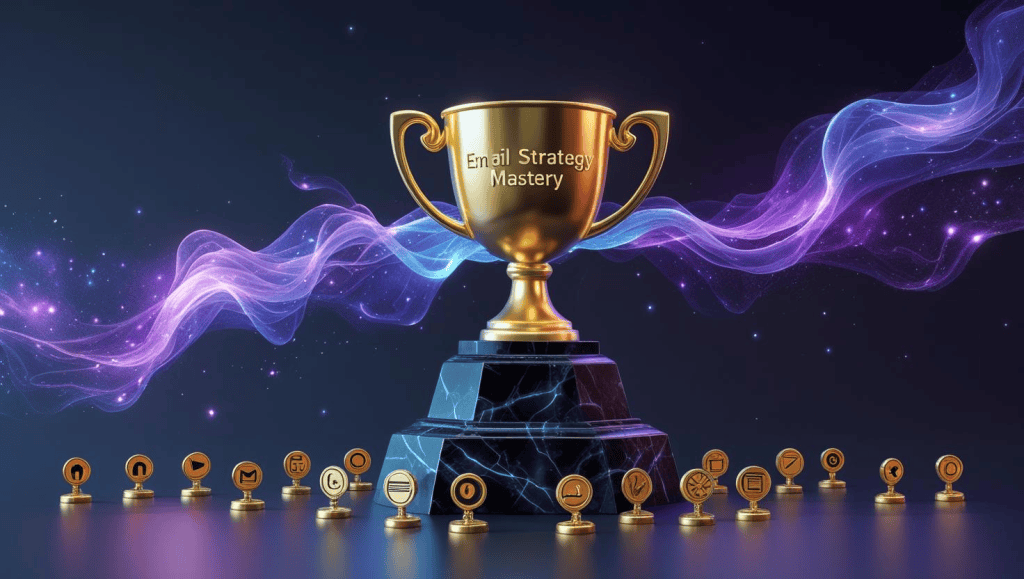 A stylized, golden trophy engraved with "Email Strategy Mastery" rests on a polished black obsidian pedestal. Glowing, ethereal trails of light, reminiscent of celestial nebulae in deep blues and purples, connect the trophy to miniature, intricately detailed icons representing various email form types (e.g., signup forms, contact forms, etc.) scattered around the base. The scene is rendered in a vibrant, high-resolution digital art style, with a focus on sharp details and dramatic lighting, creating a sense of achievement and accomplishment.