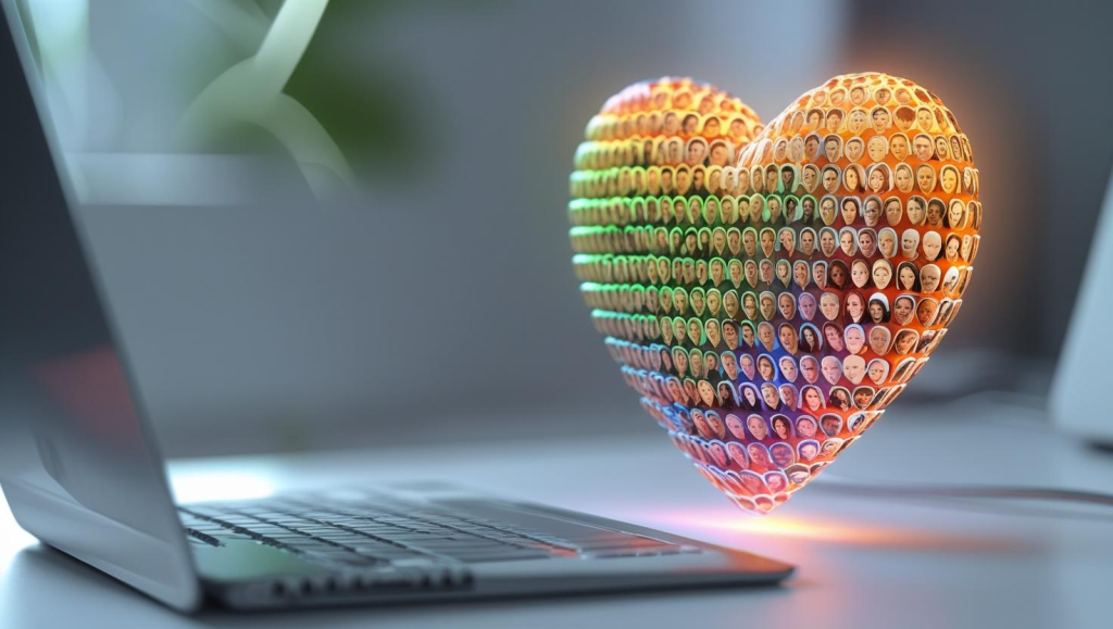 A vibrant, glowing heart icon, composed of numerous miniature user avatars each subtly illuminated in a spectrum of brand colors (blues, greens, and oranges), floats gently above a clean, modern web form. The heart pulses softly, radiating a warm light, suggesting a strong emotional connection and positive user experience prior to form submission. The scene is rendered in a clean, minimalist style with a soft, slightly blurred background, emphasizing the heart icon. The overall palette is bright and inviting.