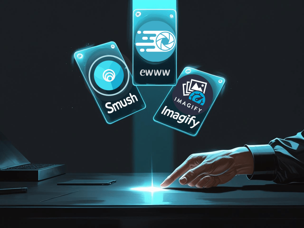 A detailed digital painting of a dark, minimalist developer workspace. Three translucent plugin cards—Smush, EWWW, and Imagify—float above a matte black desk, each card emitting a soft, blue-green ethereal glow. A single beam of light illuminates the most cost-effective plugin card, highlighting its features. A hand reaches towards this card, about to select it. The overall style is sleek and futuristic, with a focus on clean lines and subtle lighting effects. The scene is rendered in high resolution, with sharp details and realistic textures.