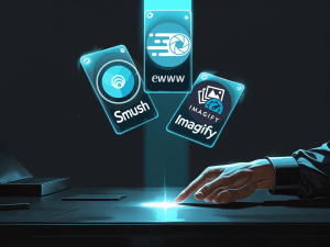 A detailed digital painting of a dark, minimalist developer workspace. Three translucent plugin cards—Smush, EWWW, and Imagify—float above a matte black desk, each card emitting a soft, blue-green ethereal glow. A single beam of light illuminates the most cost-effective plugin card, highlighting its features. A hand reaches towards this card, about to select it. The overall style is sleek and futuristic, with a focus on clean lines and subtle lighting effects. The scene is rendered in high resolution, with sharp details and realistic textures.