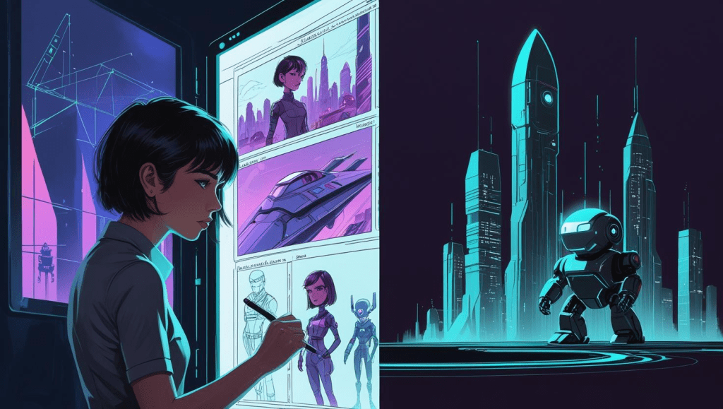 A detailed digital painting in a cyberpunk style depicting a split-screen scene: on the left, a focused female designer with short, dark hair meticulously outlines a storyboard on a large, transparent glass panel illuminated from behind, showcasing vibrant sketches of futuristic cityscapes and characters; on the right, lines of glowing teal code animate smoothly into 3D story elements—a sleek spaceship, a towering skyscraper, and a robot—all subtly glowing with the same teal and purple brand hues against a deep, rich navy background. The overall lighting is soft, with a slight lens flare effect.
